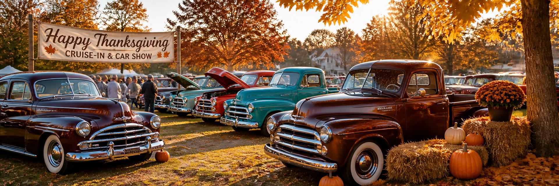 Classic cars and trucks gathered at an autumn Thanksgiving car show