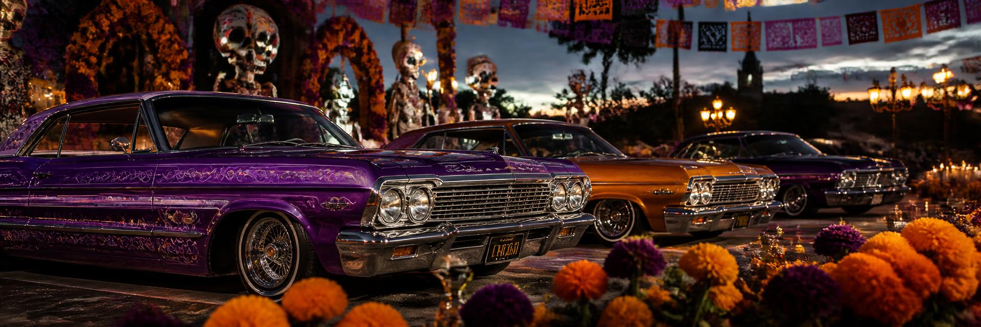 Classic lowriders decorated for Día De Los Muertos with marigolds and papel picado