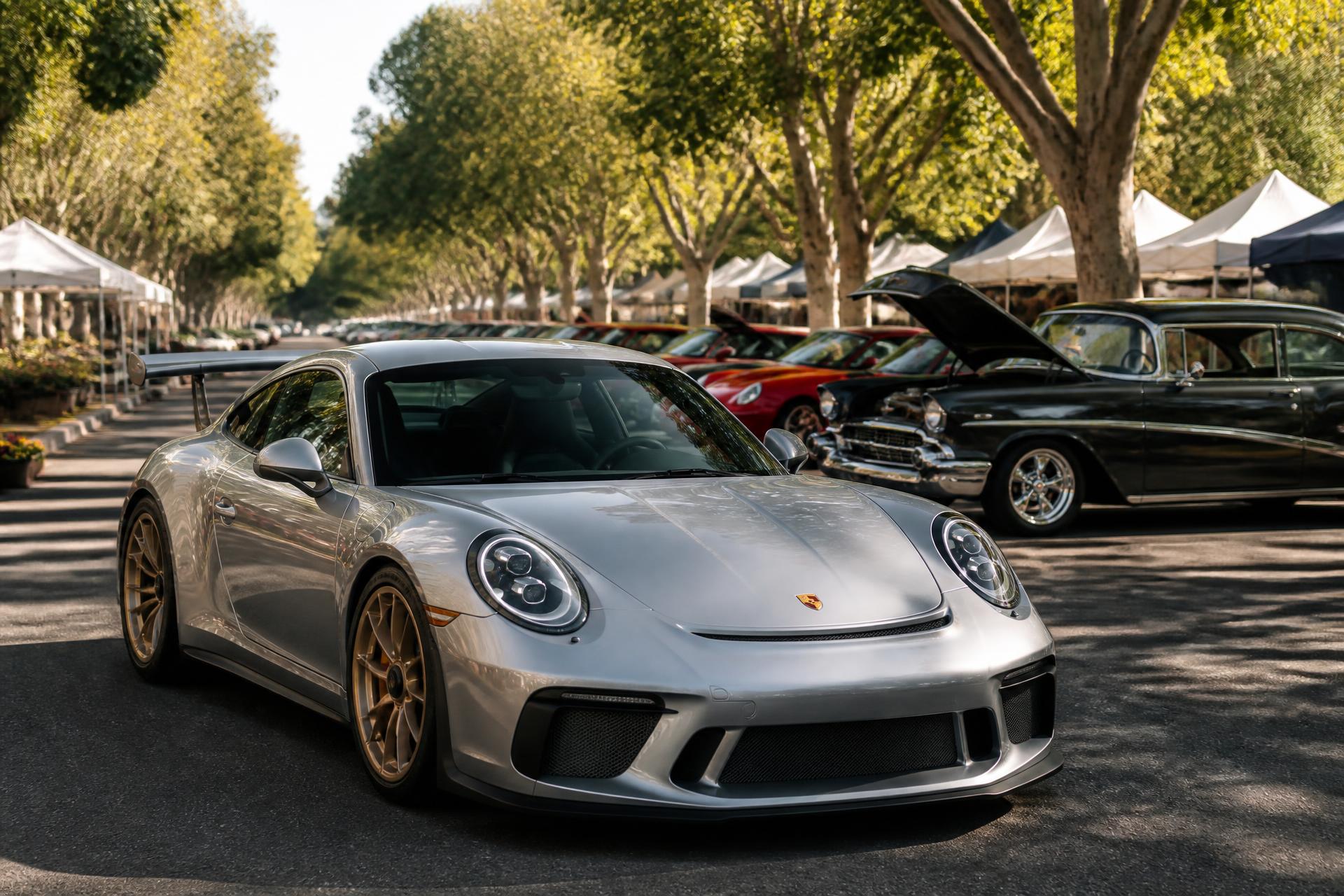 A high-end Porsche and classic cars parked at the Gold River Sunday Market