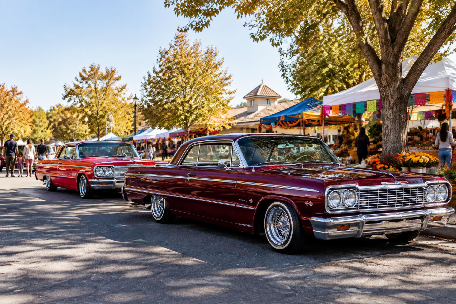 Classic lowriders at an outdoor market beneath Gold River's oak trees