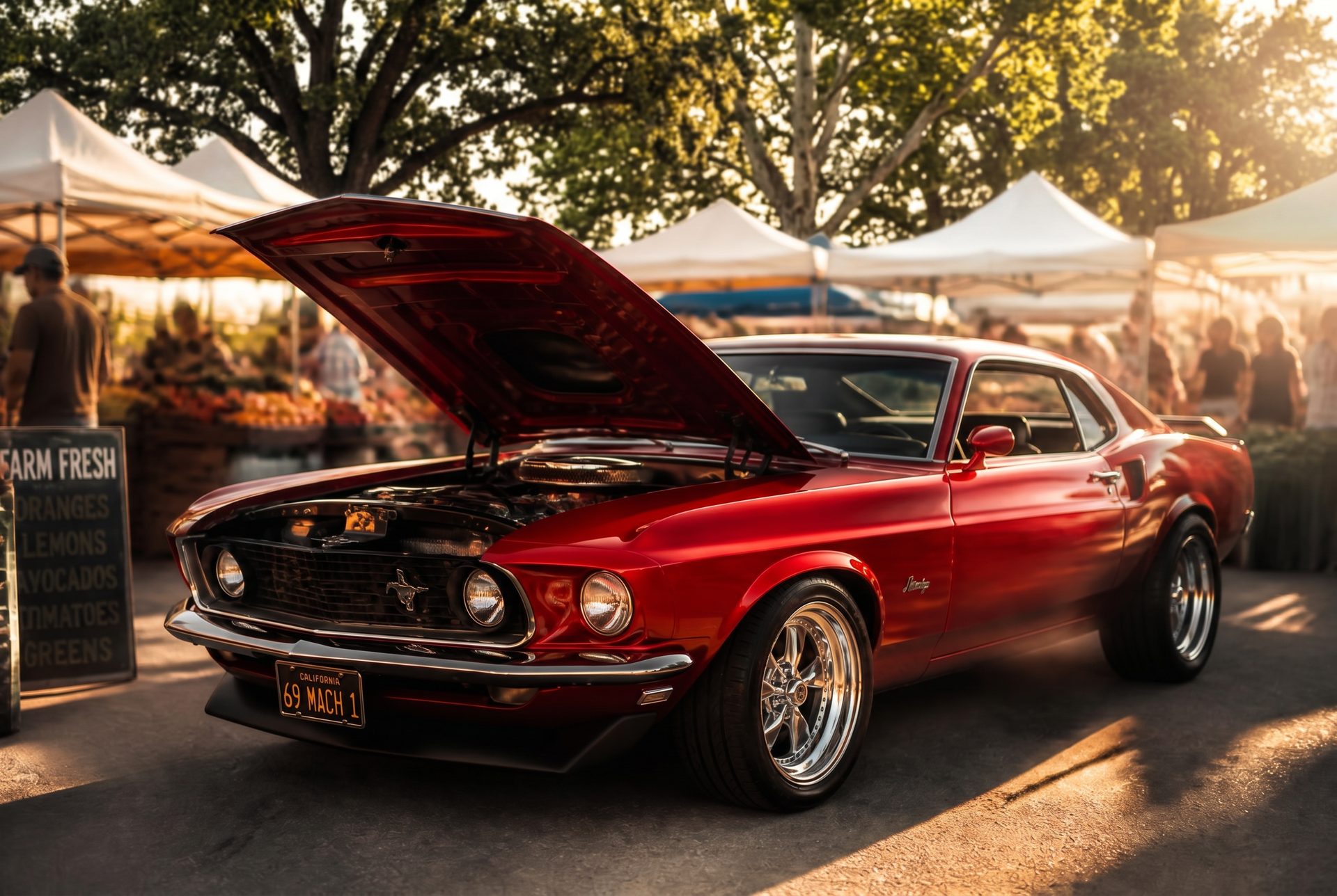 Classic 1969 Mustang Mach 1 parked at the Gold River Sunday Market