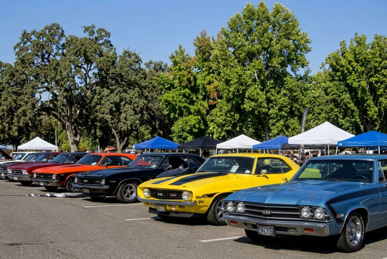 Row of classic American muscle cars lined up at an outdoor car show